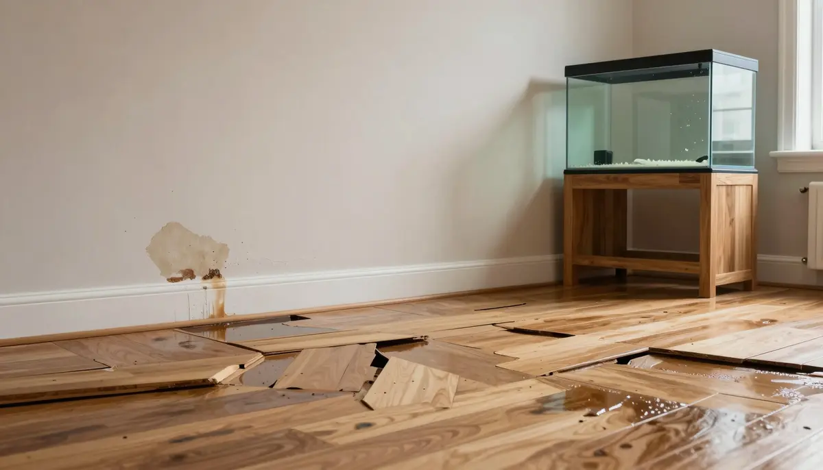 Water damaged hardwood flooring and stained drywall from an aquarium stand failure