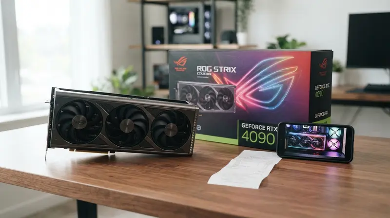 An organized desk with a graphics card, original box, and receipts prepared for a high-end GPU insurance claim.