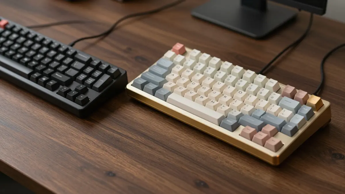 A comparison between a cheap membrane keyboard and a premium custom mechanical keyboard for insurance valuation purposes.