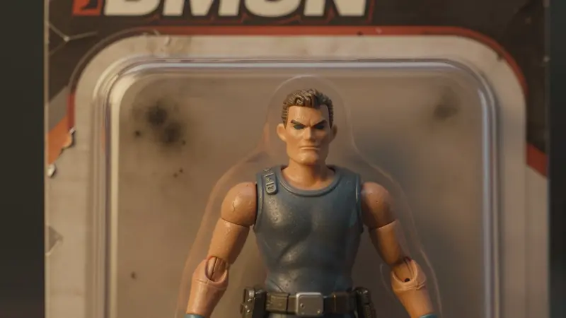 A soot-damaged action figure packaging illustrating potential losses covered by action figure collection insurance.
