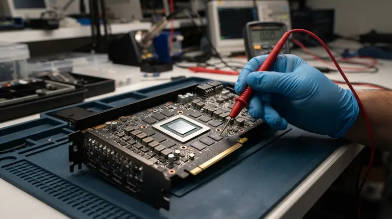 A technician inspecting a graphics card with a multimeter to document power surge damage for a high-end GPU insurance claim.