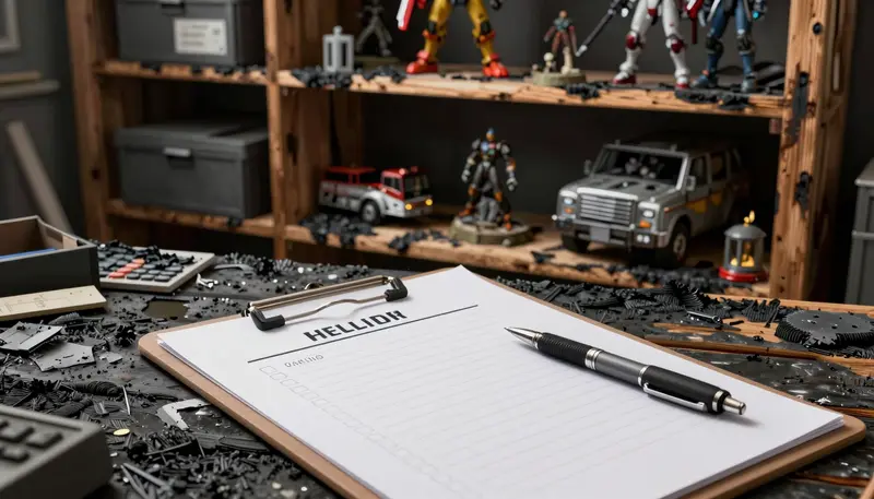 A checklist on a clipboard placed in a fire-damaged hobby room with soot-covered shelves.