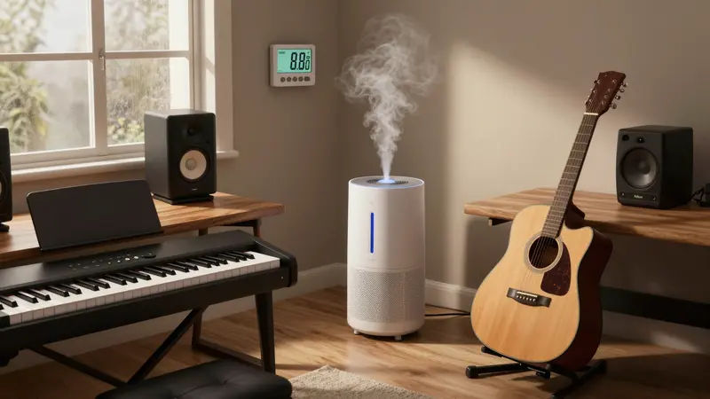 A home music hobby room with instruments and a humidifier illustrating humidifier damage insurance risks.