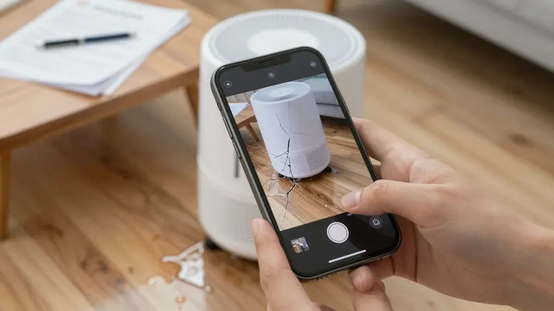 Documenting a cracked humidifier and water puddle for a humidifier damage insurance claim.