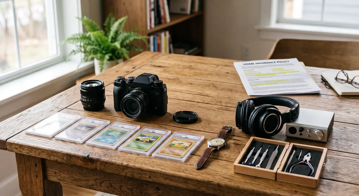A collection of camera gear and musical instruments, demonstrating how insurance sublimits affect hobby equipment claims.