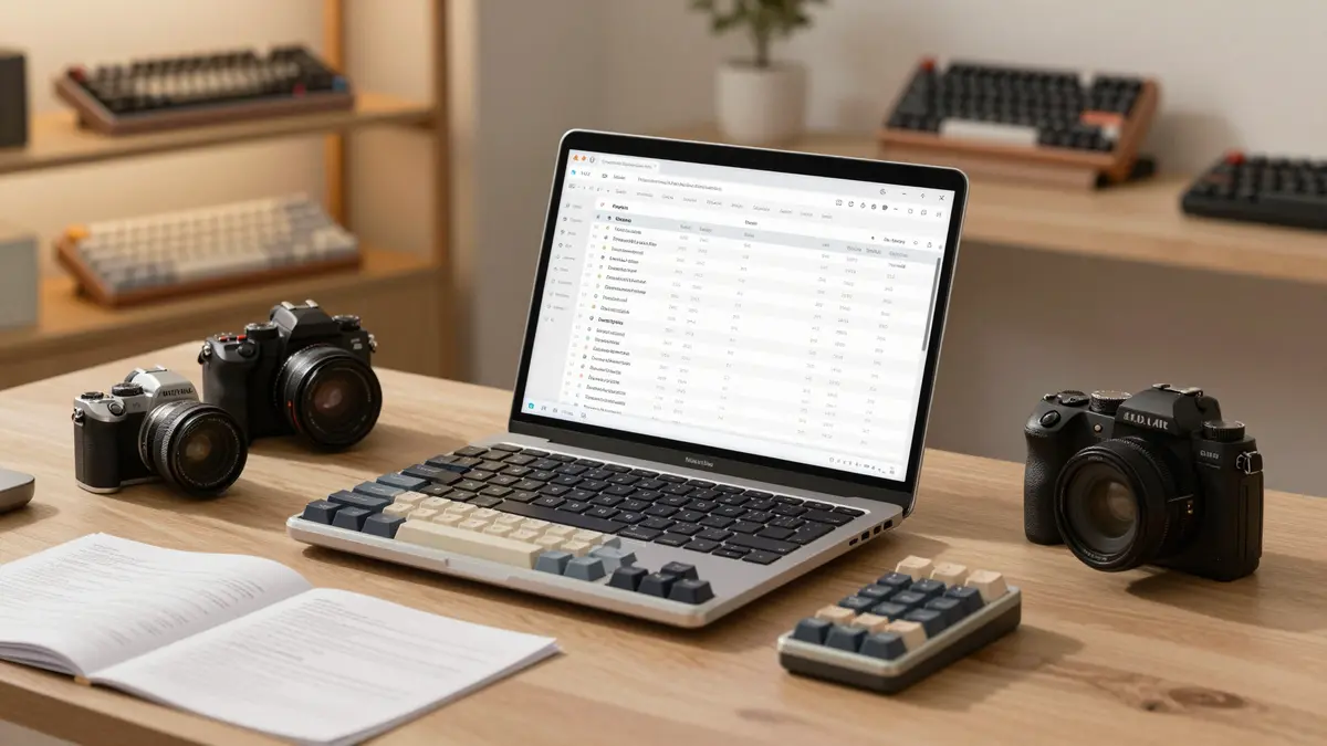 A home office desk with a laptop showing an inventory spreadsheet, a camera, and a mechanical keyboard collection for insurance documentation.