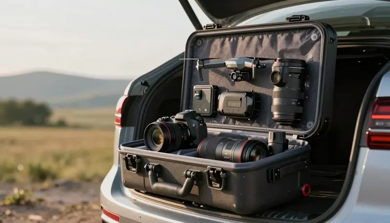 Hobby camera equipment in a protective travel case outside, representing how insurance sublimits affect hobby equipment claims off-premises.