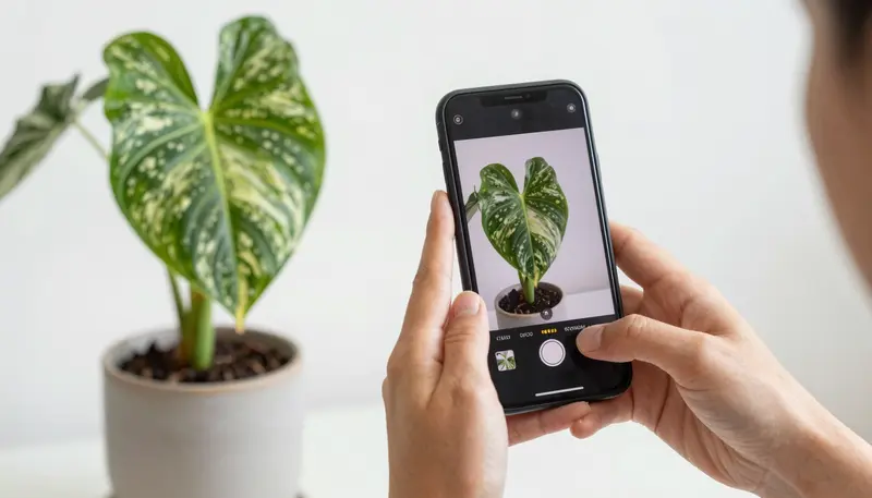 Photographing a variegated houseplant with a smartphone to document its growth and condition for insurance.