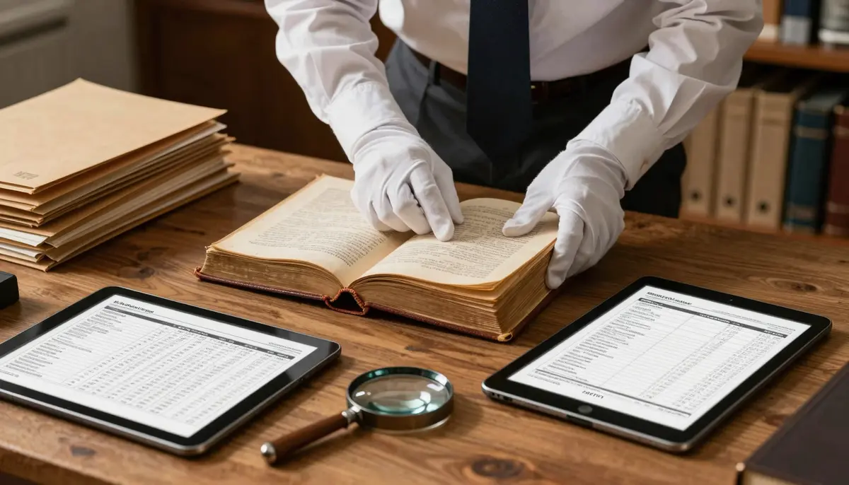 An archivist examining an antique book for rare book collection insurance valuation and preservation.