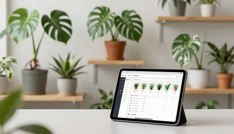 A digital tablet displaying inventory records next to rare houseplants, representing rare houseplant collection insurance preparation.