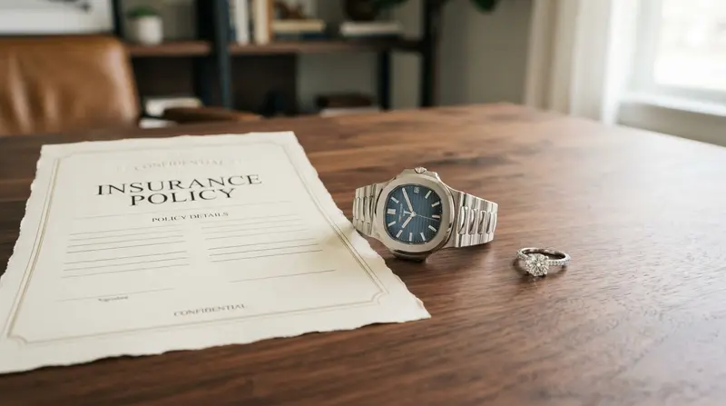 An insurance document next to a luxury watch and diamond ring, representing a rider or endorsement for high-value personal property.