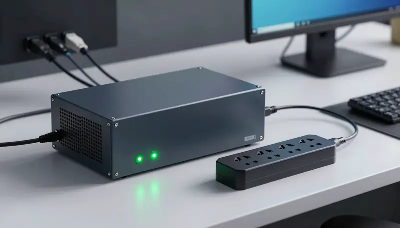 A modern UPS and surge protector with status lights protecting connected computer equipment.