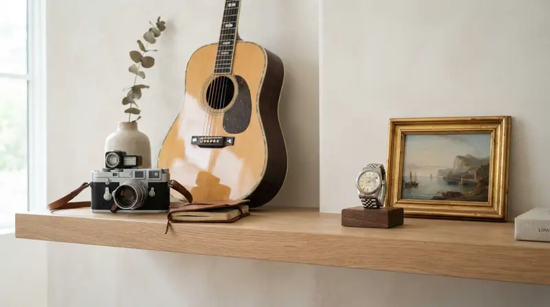 A collection of scheduled personal property including a vintage camera, a luxury watch, and an acoustic guitar.